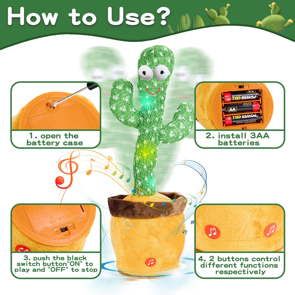 Interactive Talking Cactus Toy with 120 Songs, Recording & LED Lights - Plush Dancing Toy for Toddlers, Boys, Girls