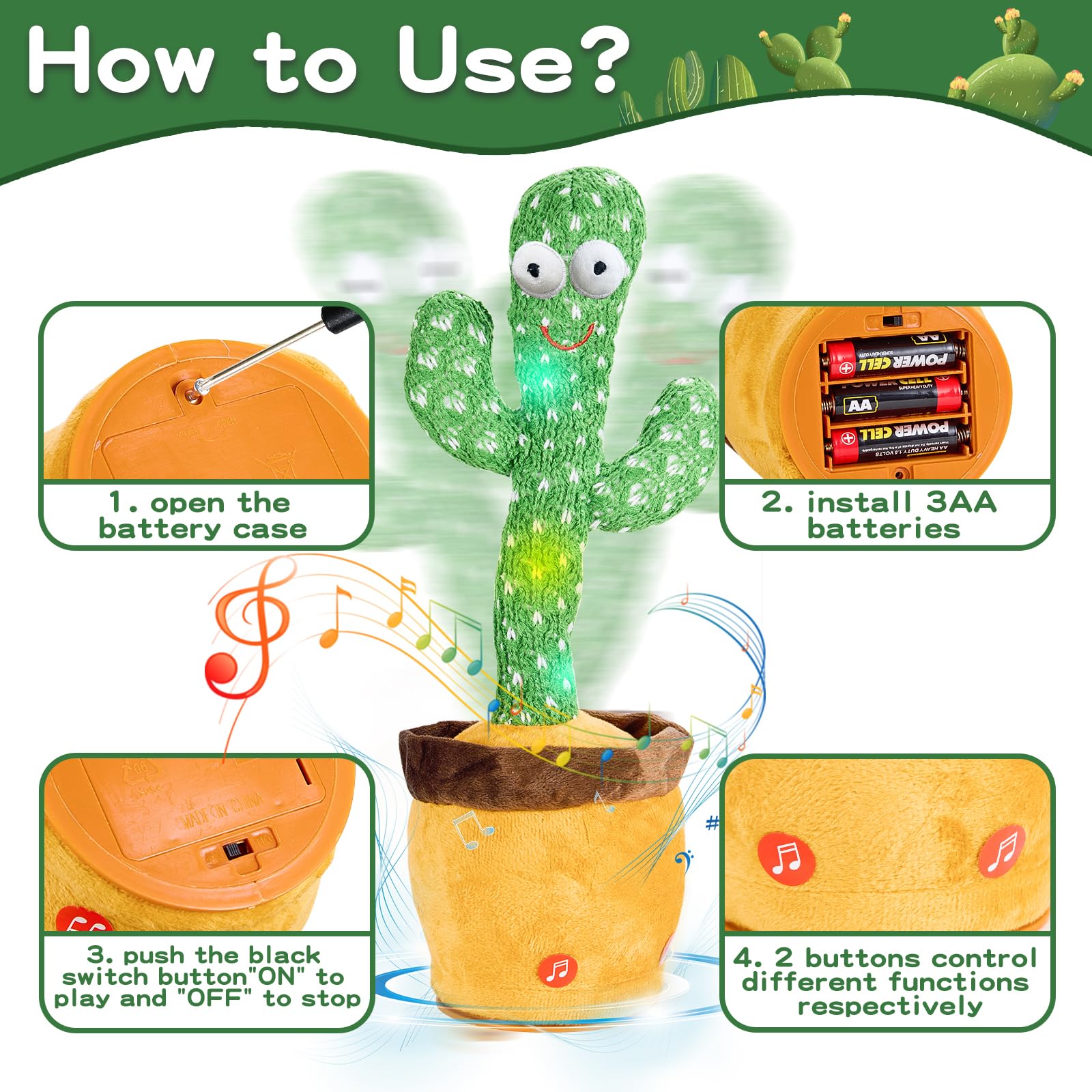 Interactive Talking Cactus Toy with 120 Songs, Recording & LED Lights - Plush Dancing Toy for Toddlers, Boys, Girls