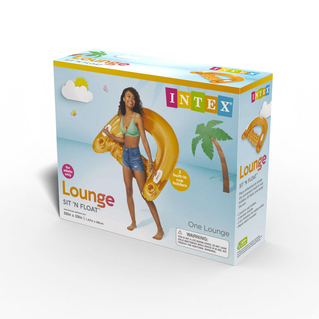 INTEX Sit 'N Float Inflatable Pool Lounge – 220 lb Capacity, Built-In Cup Holders, 58" x 39"