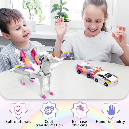Intoypad Unicorn Collision Transforming Cars – 2 Magnetic Cars Transform into a Magical Unicorn Robot Toy, No Batteries Required, Gift for Boys & Girls Ages 3-8, Pink