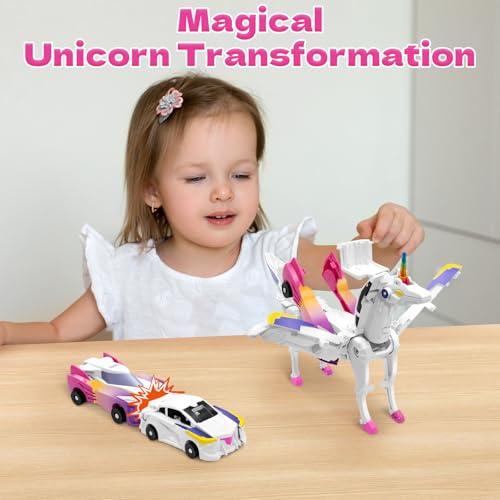 Intoypad Unicorn Collision Transforming Cars – 2 Magnetic Cars Transform into a Magical Unicorn Robot Toy, No Batteries Required, Gift for Boys & Girls Ages 3-8, Pink