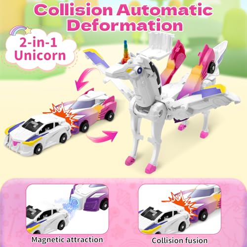 Intoypad Unicorn Collision Transforming Cars – 2 Magnetic Cars Transform into a Magical Unicorn Robot Toy, No Batteries Required, Gift for Boys & Girls Ages 3-8, Pink