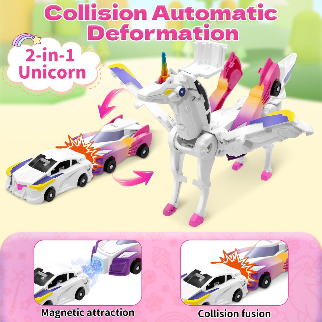 Intoypad Unicorn Collision Transforming Cars – 2 Magnetic Cars Transform into a Magical Unicorn Robot Toy, No Batteries Required, Gift for Boys & Girls Ages 3-8, Pink