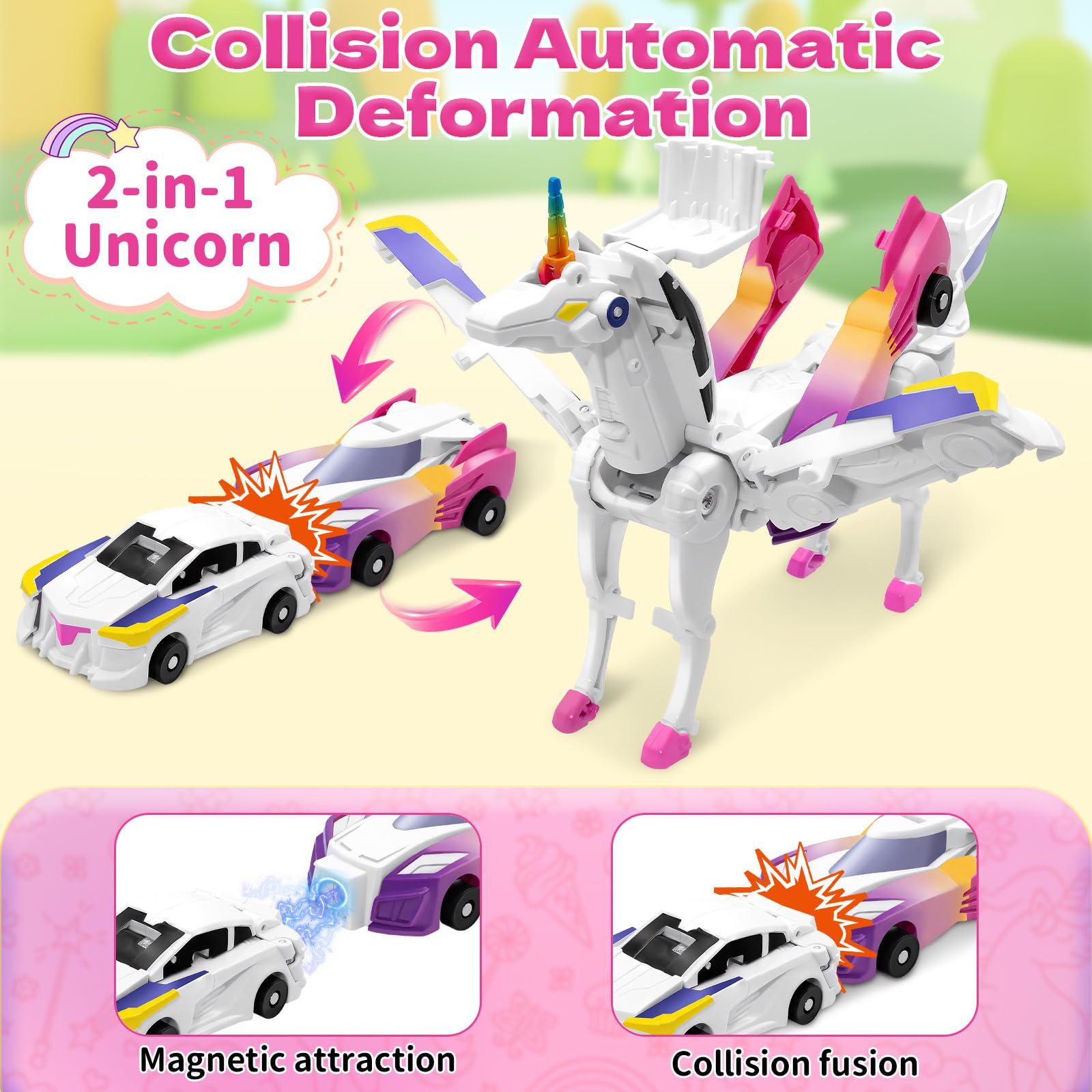 Intoypad Unicorn Collision Transforming Cars – 2 Magnetic Cars Transform into a Magical Unicorn Robot Toy, No Batteries Required, Gift for Boys & Girls Ages 3-8, Pink