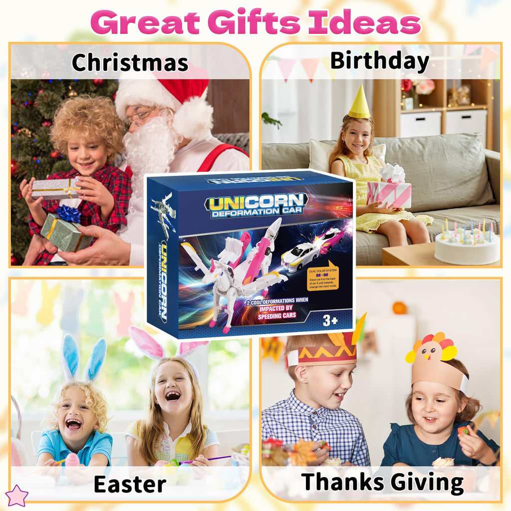Intoypad Unicorn Collision Transforming Cars – 2 Magnetic Cars Transform into a Magical Unicorn Robot Toy, No Batteries Required, Gift for Boys & Girls Ages 3-8, Pink