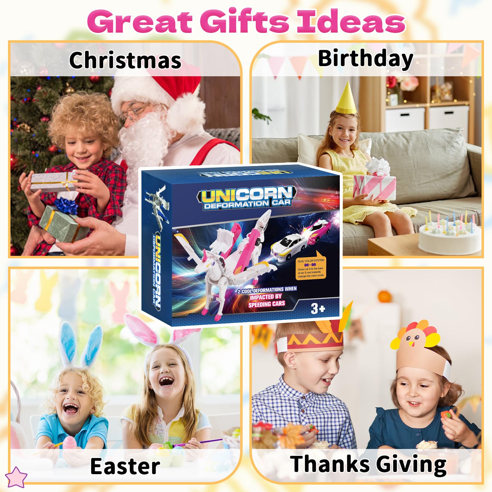 Intoypad Unicorn Collision Transforming Cars – 2 Magnetic Cars Transform into a Magical Unicorn Robot Toy, No Batteries Required, Gift for Boys & Girls Ages 3-8, Pink