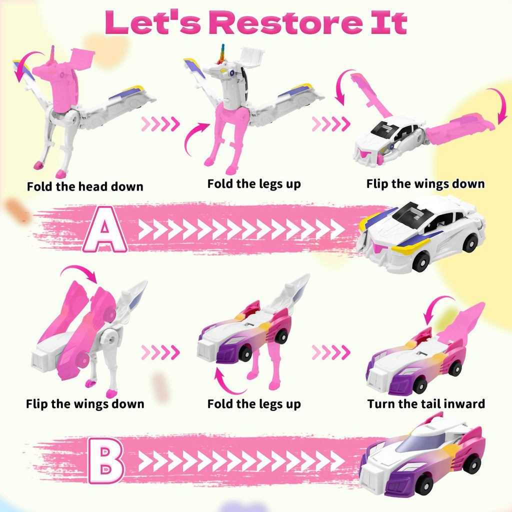 Intoypad Unicorn Collision Transforming Cars – 2 Magnetic Cars Transform into a Magical Unicorn Robot Toy, No Batteries Required, Gift for Boys & Girls Ages 3-8, Pink