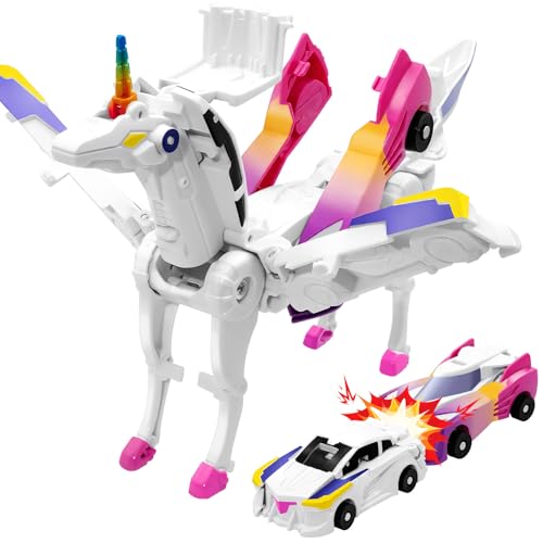 Intoypad Unicorn Collision Transforming Cars – 2 Magnetic Cars Transform into a Magical Unicorn Robot Toy, No Batteries Required, Gift for Boys & Girls Ages 3-8, Pink