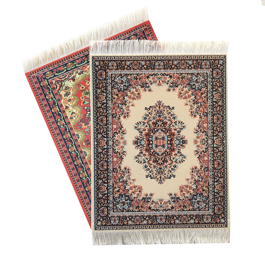 Inusitus Set of 2 Miniature Oriental Rugs for Dollhouses – 10x7 Inch Velvet Carpets with Fringe