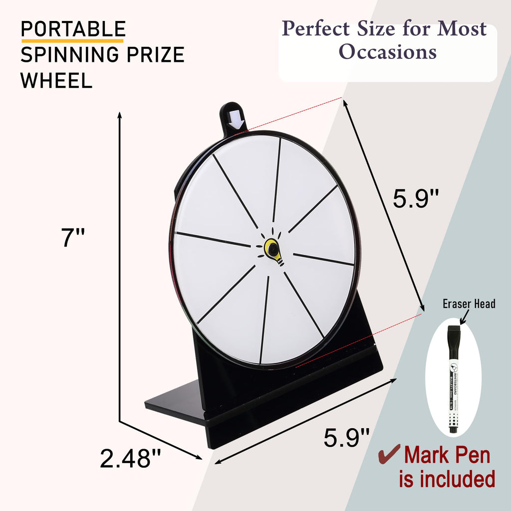 iobiotio 6 Inch Spinning Prize Wheel - Colorful Acrylic Tabletop Spinner with Stand, Erasable Surface for 6/8/10 Slots, Portable
