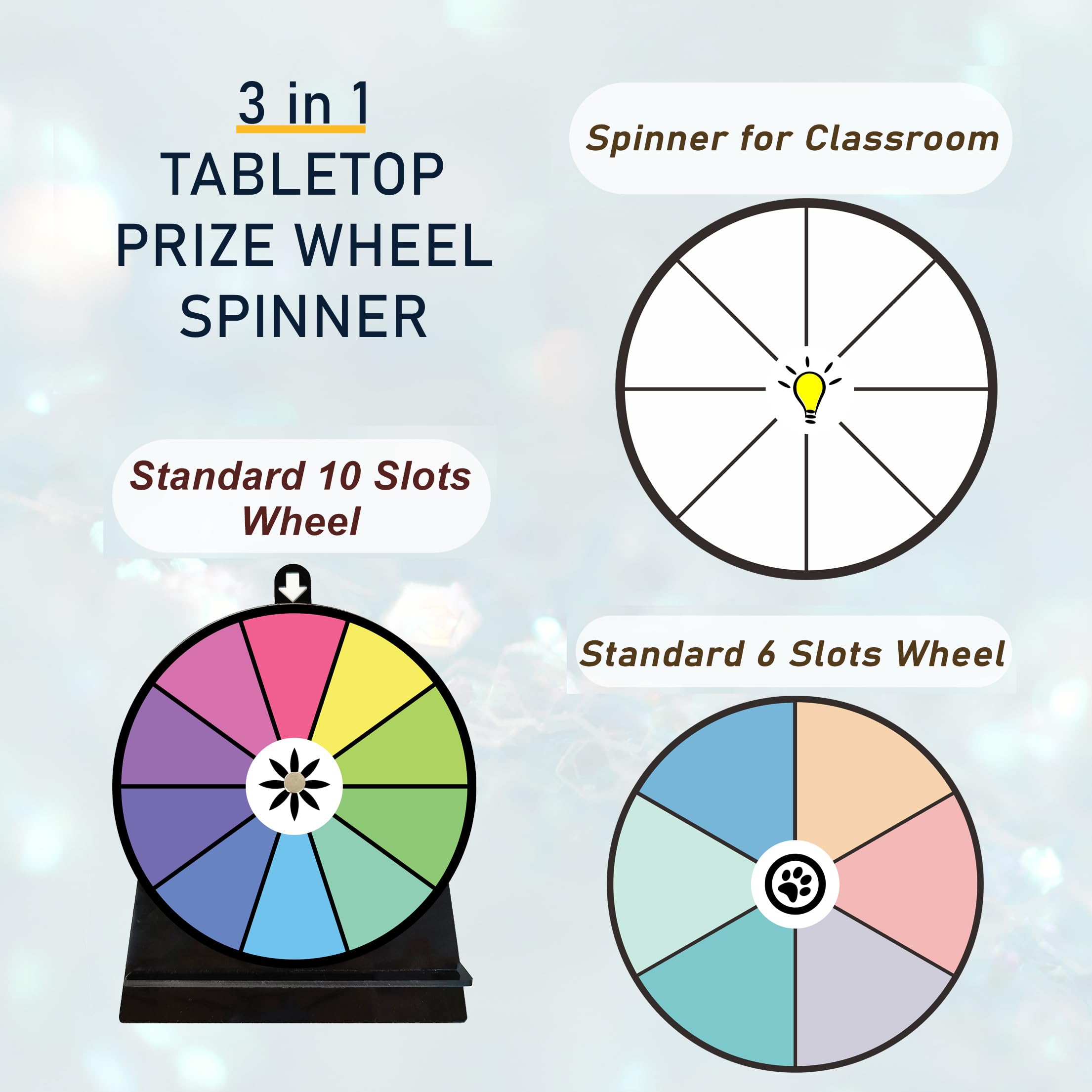 iobiotio 6 Inch Spinning Prize Wheel - Colorful Acrylic Tabletop Spinner with Stand, Erasable Surface for 6/8/10 Slots, Portable