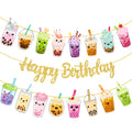 iPartyFun Bubble Tea Birthday Banners Set of 3 – Gold Glitter Happy Birthday Banner with Boba Tea Cutouts for Party Decorations
