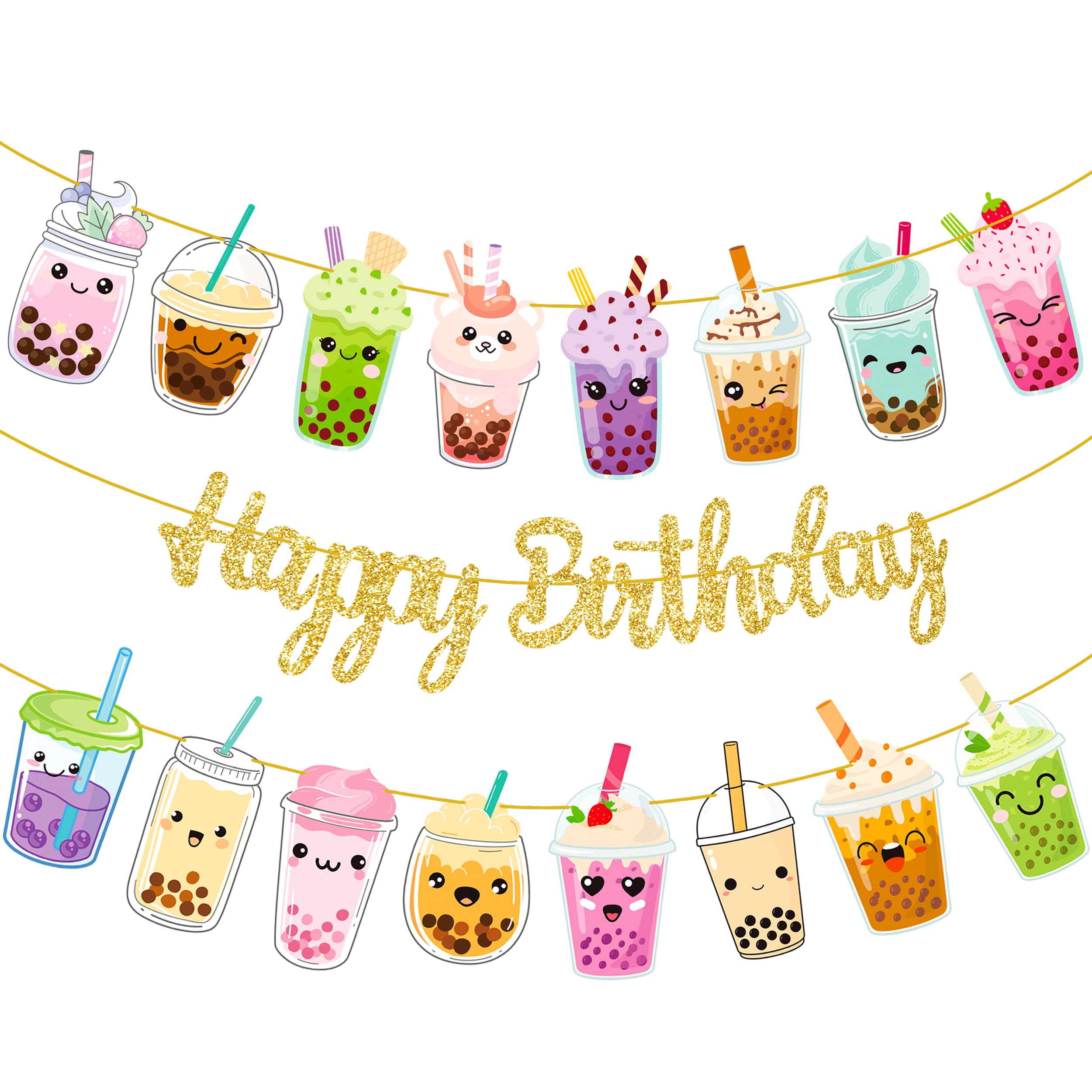 iPartyFun Bubble Tea Birthday Banners Set of 3 – Gold Glitter Happy Birthday Banner with Boba Tea Cutouts for Party Decorations