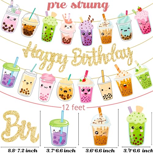 iPartyFun Bubble Tea Birthday Banners Set of 3 – Gold Glitter Happy Birthday Banner with Boba Tea Cutouts for Party Decorations