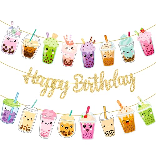 iPartyFun Bubble Tea Birthday Banners Set of 3 – Gold Glitter Happy Birthday Banner with Boba Tea Cutouts for Party Decorations