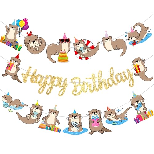 iPartyFun Gold Otter Birthday Banner Set – 3-Piece Ocean Theme Party Decorations with Glittery Happy Birthday Sign and Otter Cutouts for Kids