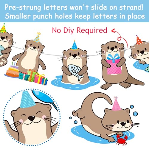 iPartyFun Gold Otter Birthday Banner Set – 3-Piece Ocean Theme Party Decorations with Glittery Happy Birthday Sign and Otter Cutouts for Kids