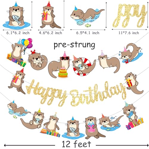 iPartyFun Gold Otter Birthday Banner Set – 3-Piece Ocean Theme Party Decorations with Glittery Happy Birthday Sign and Otter Cutouts for Kids