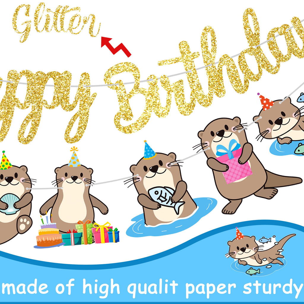 iPartyFun Gold Otter Birthday Banner Set – 3-Piece Ocean Theme Party Decorations with Glittery Happy Birthday Sign and Otter Cutouts for Kids
