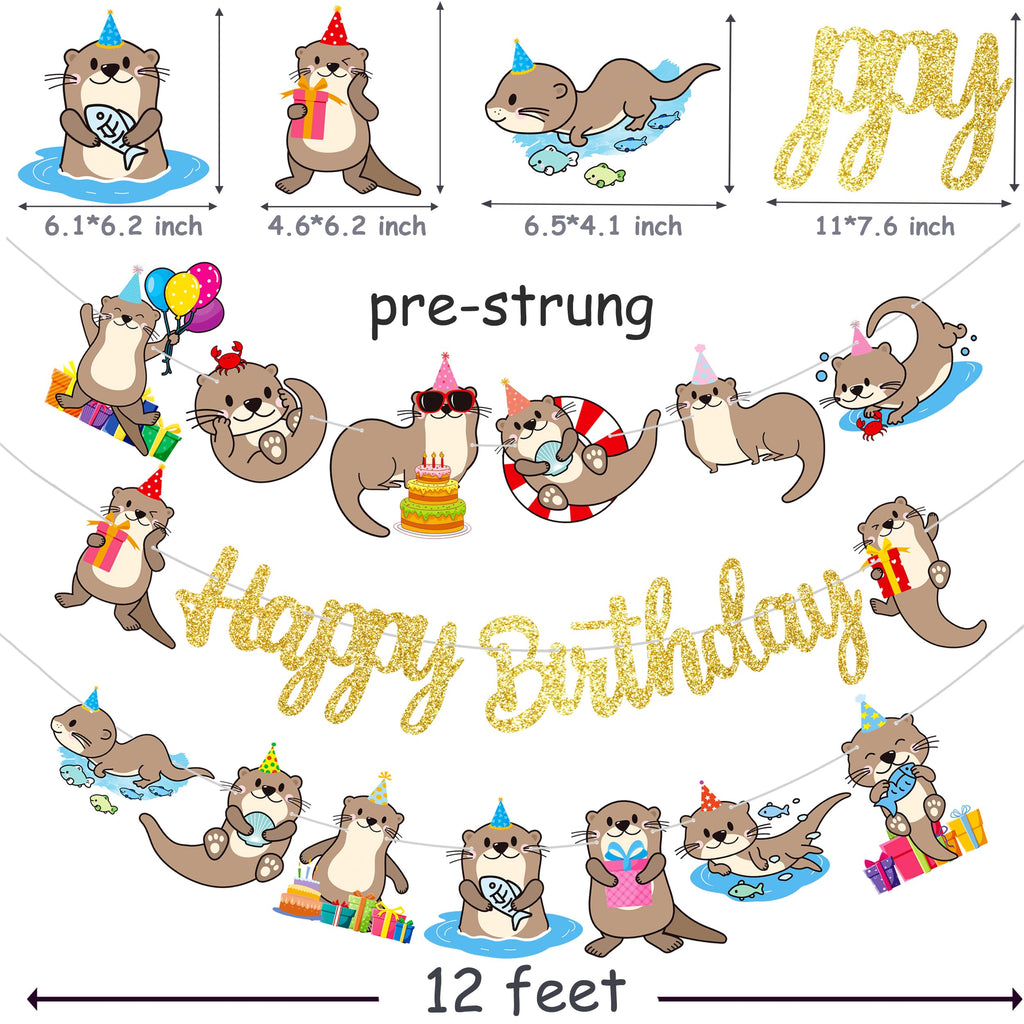 iPartyFun Gold Otter Birthday Banner Set – 3-Piece Ocean Theme Party Decorations with Glittery Happy Birthday Sign and Otter Cutouts for Kids