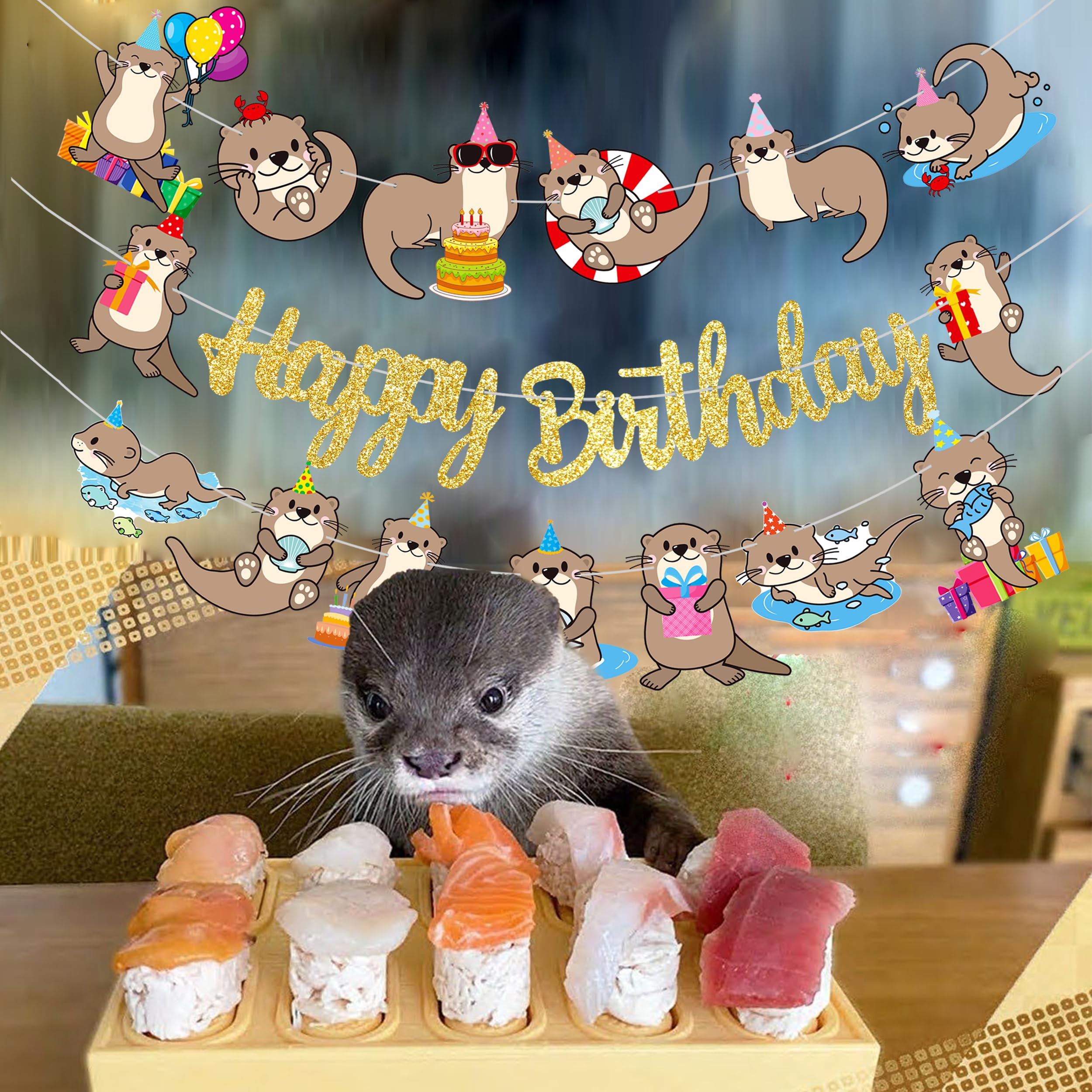 iPartyFun Gold Otter Birthday Banner Set – 3-Piece Ocean Theme Party Decorations with Glittery Happy Birthday Sign and Otter Cutouts for Kids