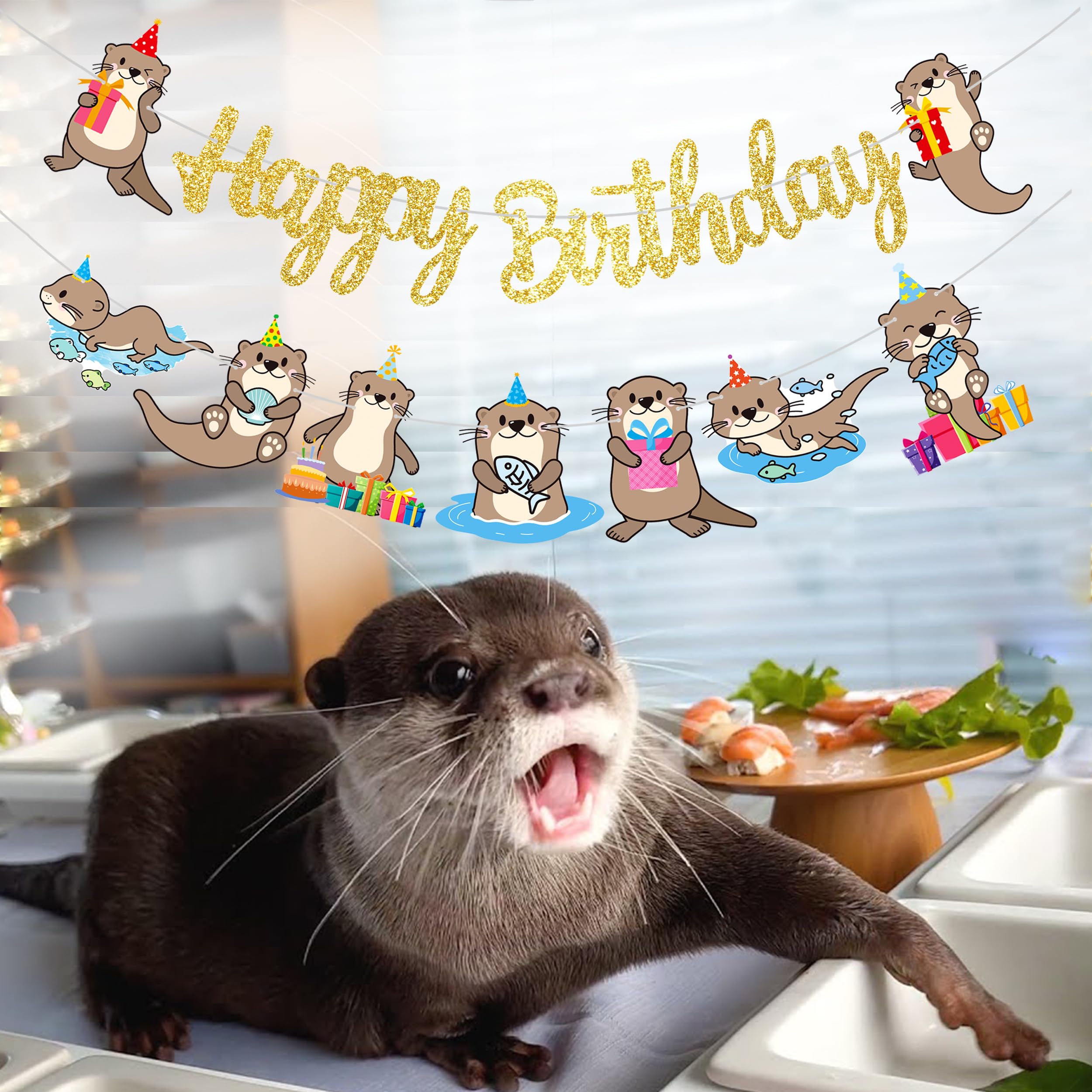 iPartyFun Gold Otter Birthday Banner Set – 3-Piece Ocean Theme Party Decorations with Glittery Happy Birthday Sign and Otter Cutouts for Kids