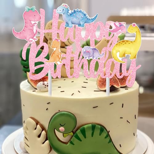 iPartyFun Handmade Dinosaur Cake Topper – Glitter Pastel Dino Decoration for Girls’ Birthday Parties & Baby Showers (8 x 6 Inches)