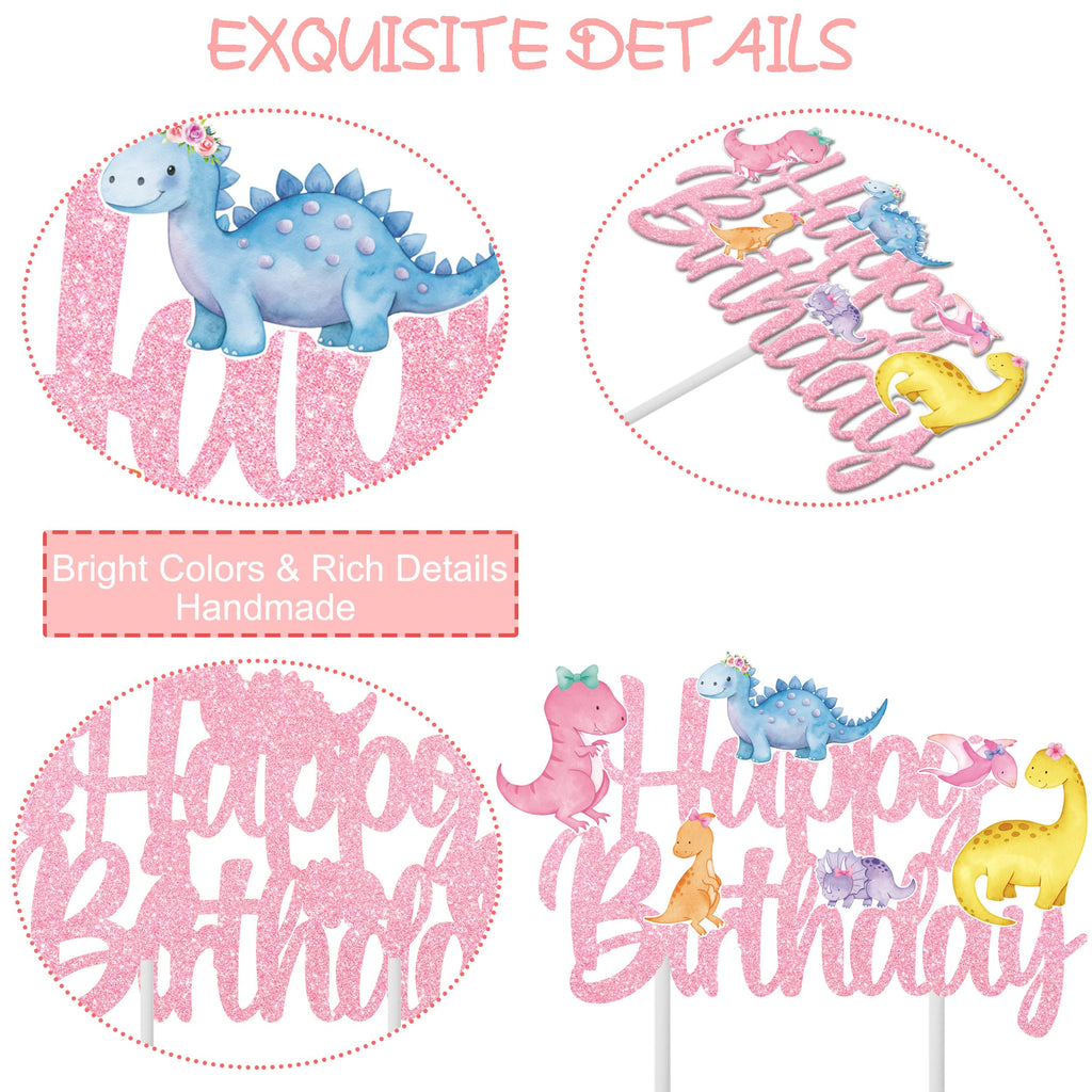 iPartyFun Handmade Dinosaur Cake Topper – Glitter Pastel Dino Decoration for Girls’ Birthday Parties & Baby Showers (8 x 6 Inches)