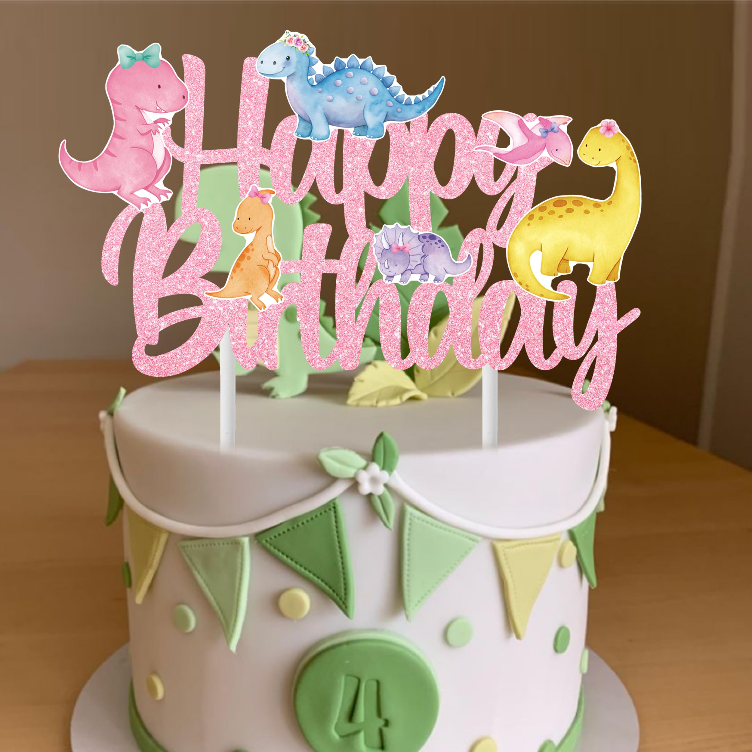 iPartyFun Handmade Dinosaur Cake Topper – Glitter Pastel Dino Decoration for Girls’ Birthday Parties & Baby Showers (8 x 6 Inches)