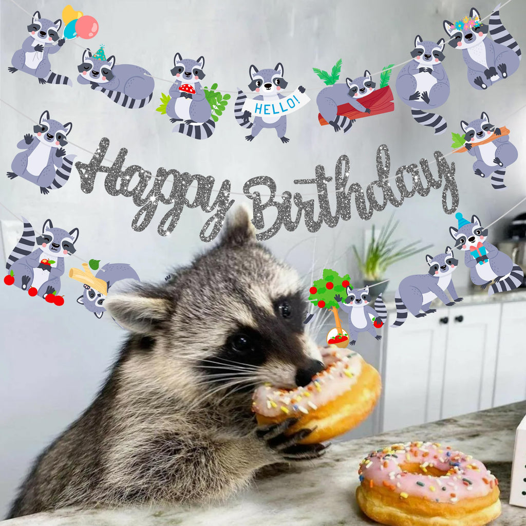 iPartyFun Raccoon Happy Birthday Banner Set – 3 Woodland Party Cutout Decorations for Animal Themed Celebrations