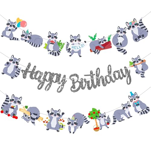 iPartyFun Raccoon Happy Birthday Banner Set – 3 Woodland Party Cutout Decorations for Animal Themed Celebrations
