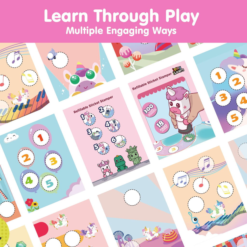 iPlay iLearn Unicorn Sticker Stamp Set – 400+ Stickers, 18-Page Activity Book, Mess-Free Travel Toy for Ages 3-6