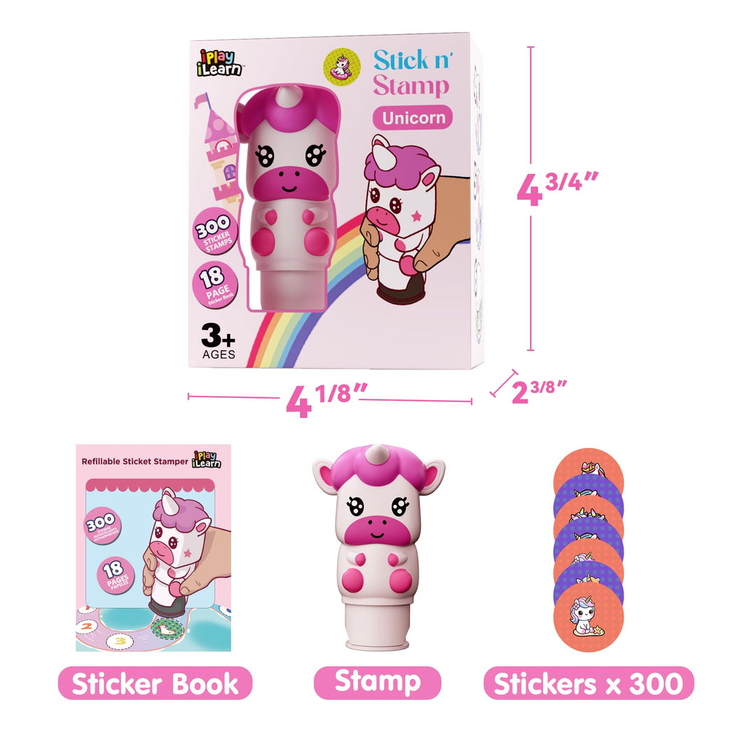 iPlay iLearn Unicorn Sticker Stamp Set – 400+ Stickers, 18-Page Activity Book, Mess-Free Travel Toy for Ages 3-6