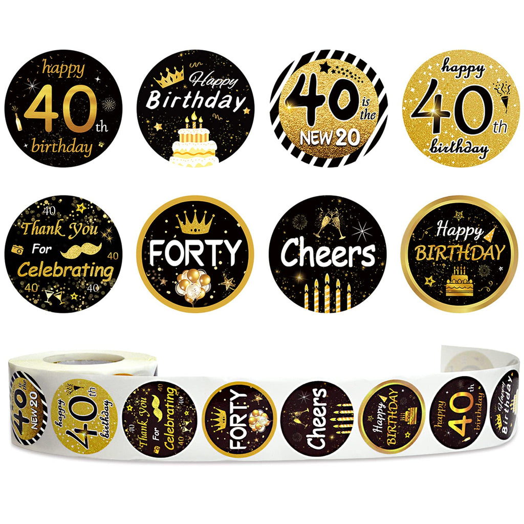 IPonfees 600-Pack Happy 40th Birthday Stickers Roll, Black and Gold 1.5-Inch Round Labels, 8 Unique Designs