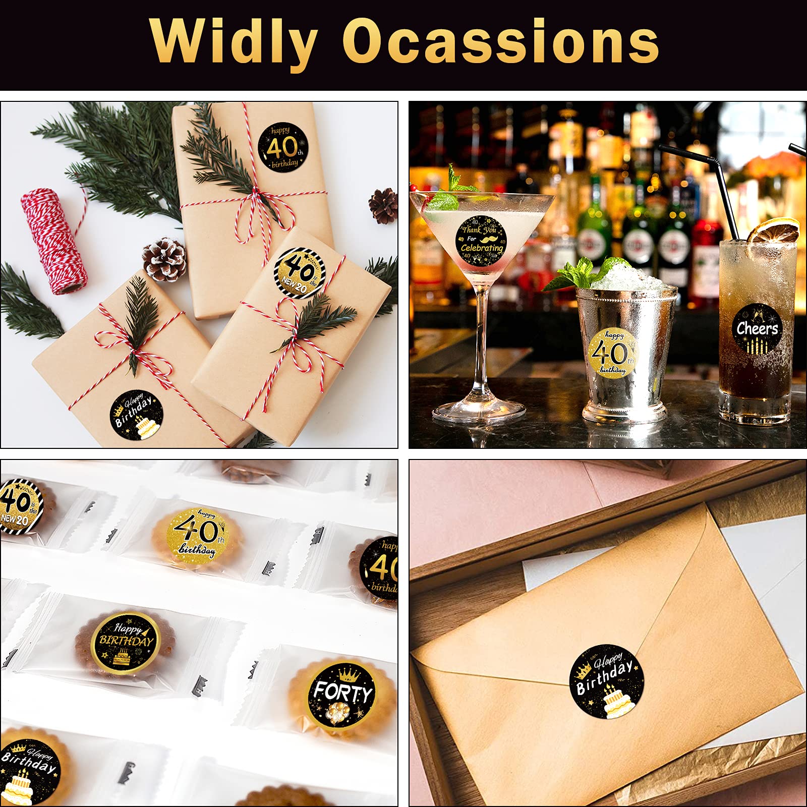 IPonfees 600-Pack Happy 40th Birthday Stickers Roll, Black and Gold 1.5-Inch Round Labels, 8 Unique Designs