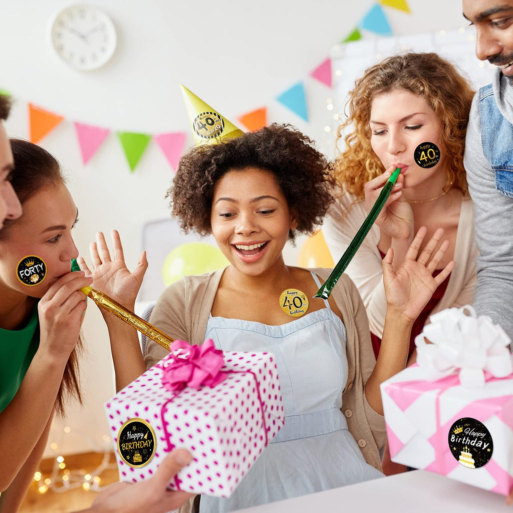IPonfees 600-Pack Happy 40th Birthday Stickers Roll, Black and Gold 1.5-Inch Round Labels, 8 Unique Designs