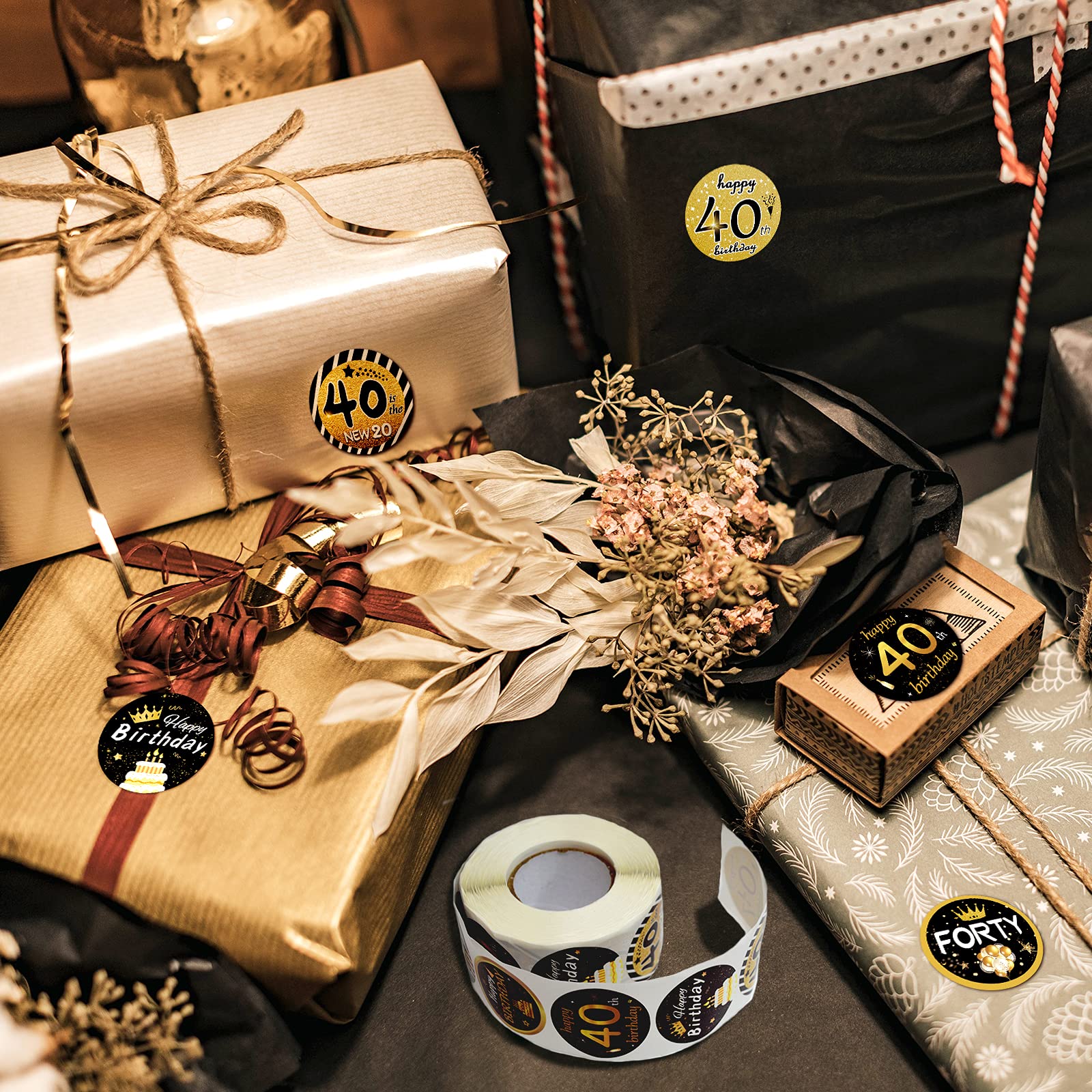 IPonfees 600-Pack Happy 40th Birthday Stickers Roll, Black and Gold 1.5-Inch Round Labels, 8 Unique Designs
