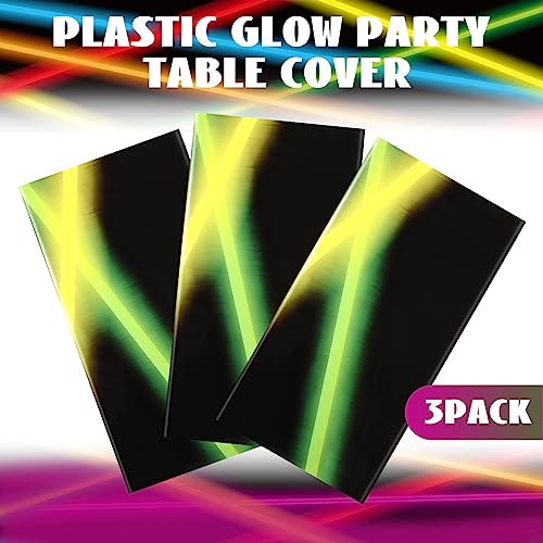 Irenare 3-Pack 80s Neon Plastic Tablecloths for Black Light Parties, 54x108 Inch Rectangular Table Covers