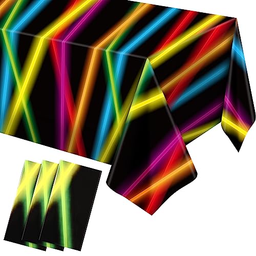 Irenare 3-Pack 80s Neon Plastic Tablecloths for Black Light Parties, 54x108 Inch Rectangular Table Covers