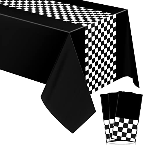 Irenare 3-Pack Car Racing Party Tablecloths - 54x108 Inch Racetrack Design for Kids Birthday Decorations (Black)