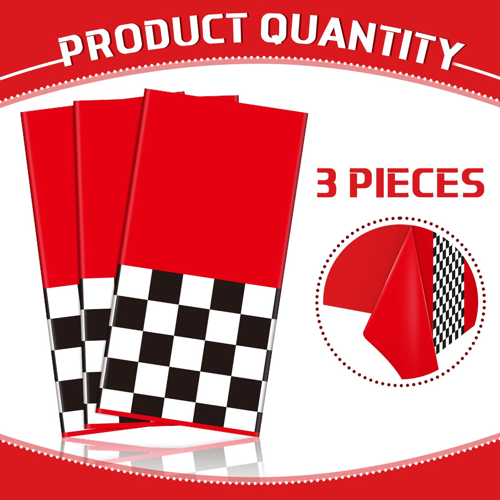 Irenare 3 Pack Racing Car Party Tablecloths – 54x108 Inch Red PE Racetrack Tablecovers for Boys Birthday Decorations