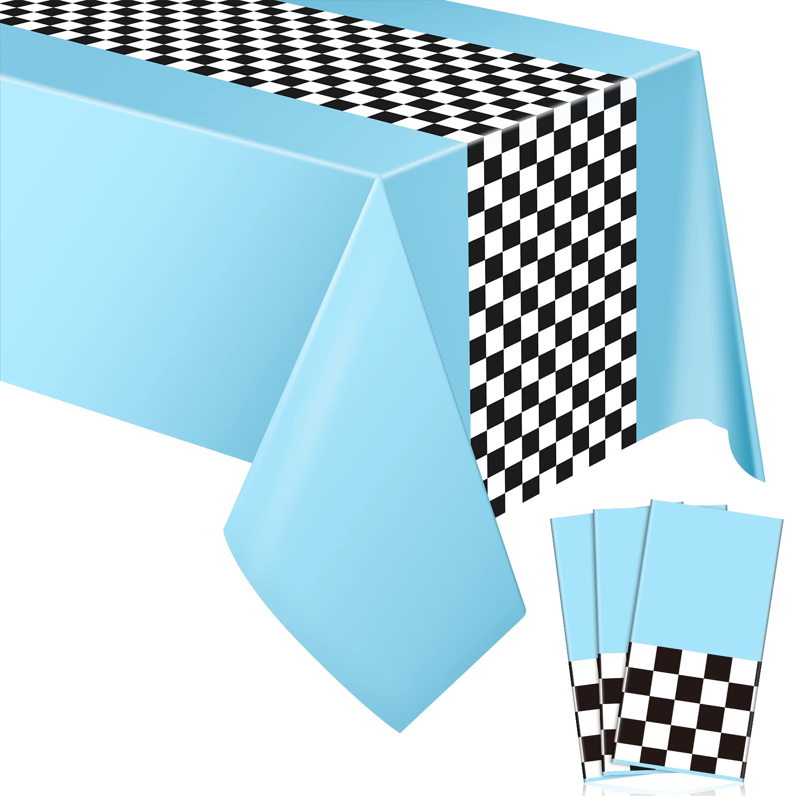 Irenare 3-Pack Sky Blue Racing Car Tablecloths, 54x108 Inch PE Racetrack Table Cover for Vintage Car Themed Party Decorations