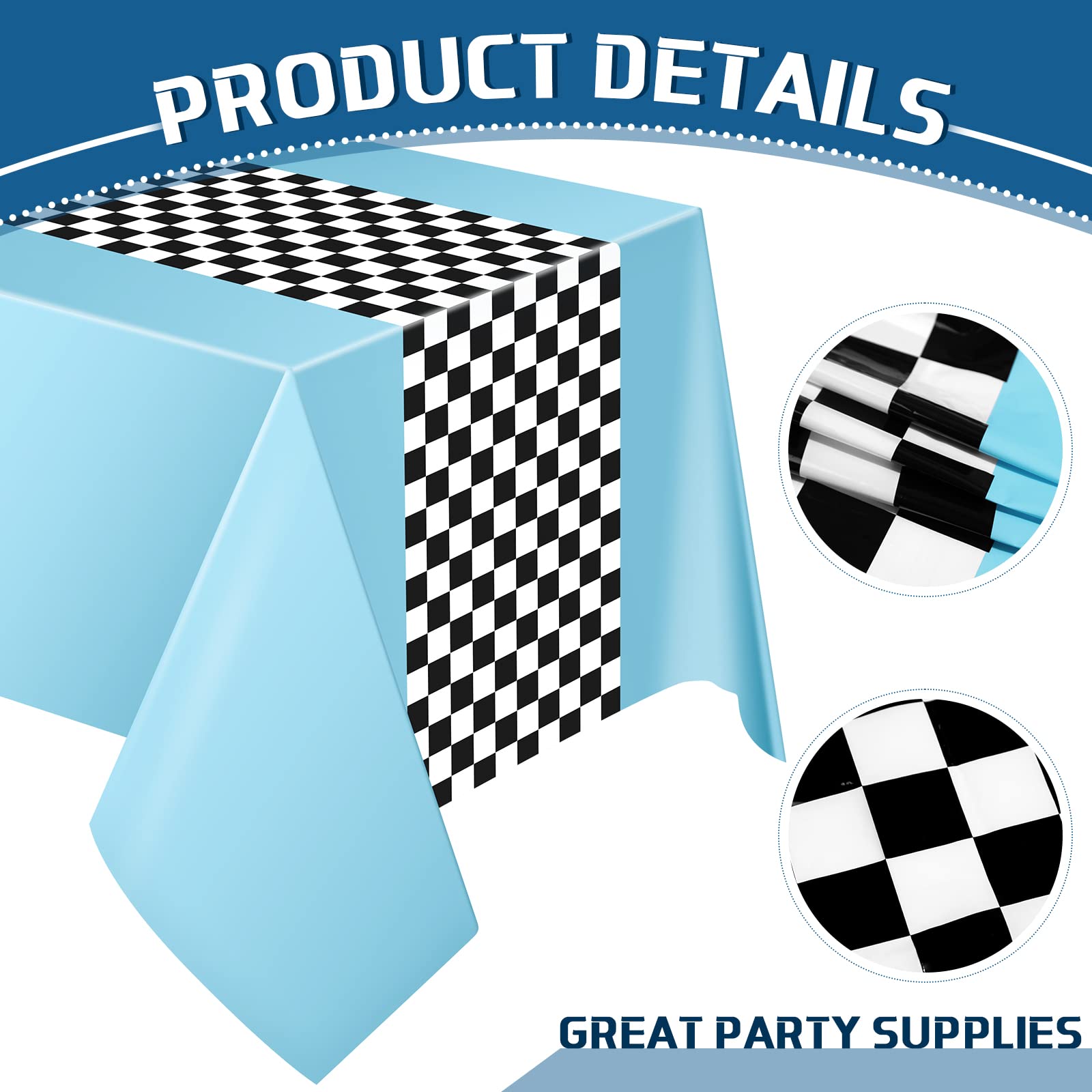 Irenare 3-Pack Sky Blue Racing Car Tablecloths, 54x108 Inch PE Racetrack Table Cover for Vintage Car Themed Party Decorations