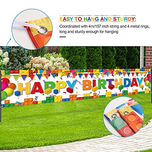 Irenare Building Block Birthday Banner Kit – 70x15 Inch Fabric Backdrop with 38 Colorful Balloons, Brick Theme Party Decor