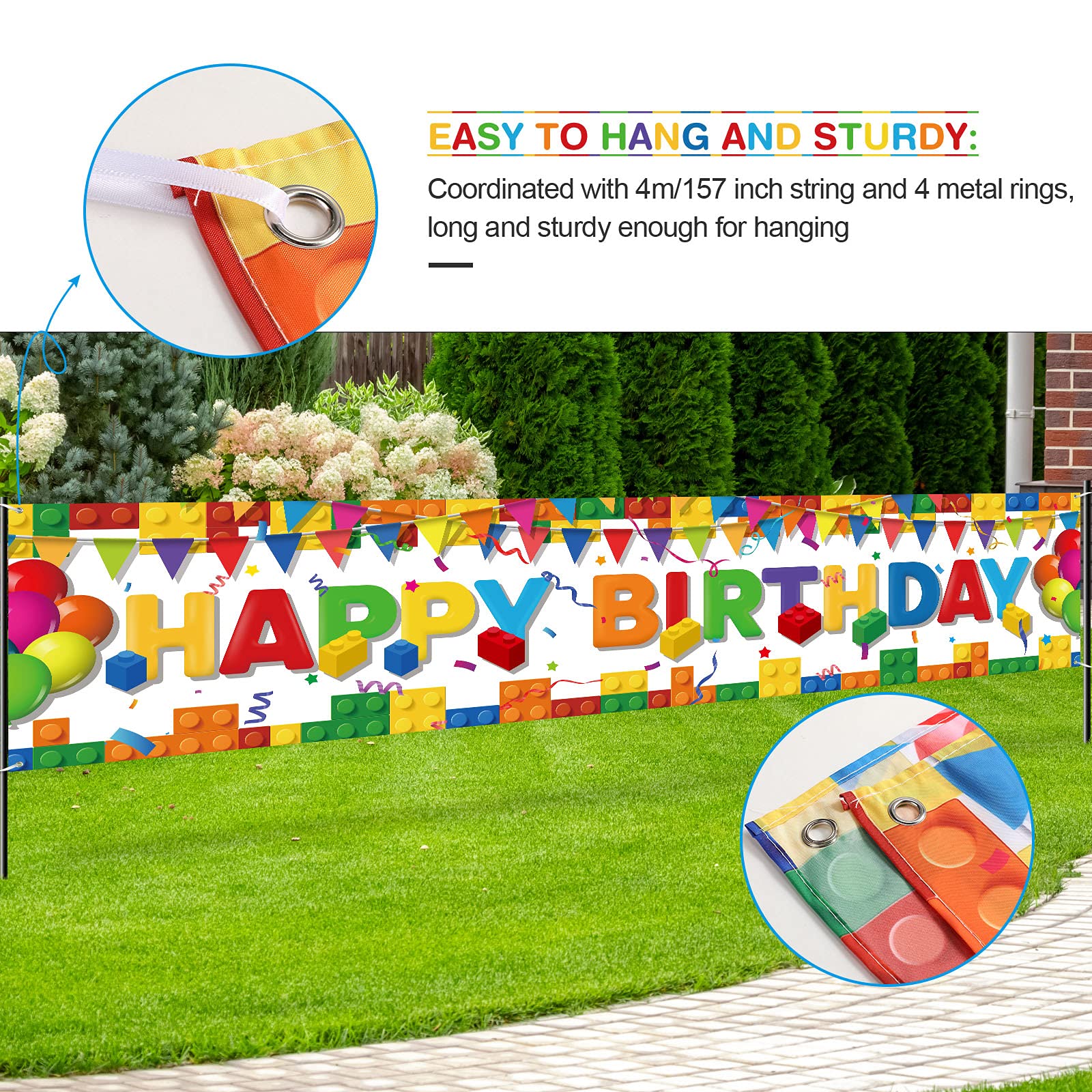 Irenare Building Block Birthday Banner Kit – 70x15 Inch Fabric Backdrop with 38 Colorful Balloons, Brick Theme Party Decor