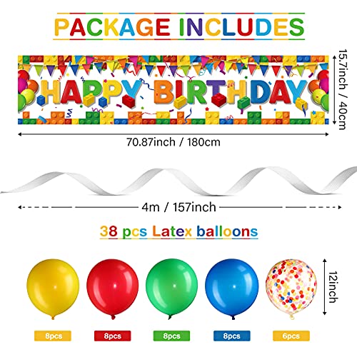 Irenare Building Block Birthday Banner Kit – 70x15 Inch Fabric Backdrop with 38 Colorful Balloons, Brick Theme Party Decor