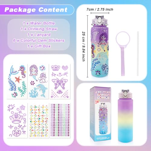 iRFKCIOW DIY Water Bottle Decorating Kit for Girls Ages 4-12 - 750ml with Gem Stickers, Lanyard, and Straw