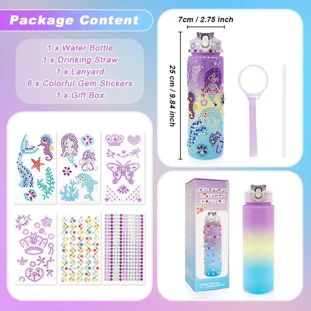 iRFKCIOW DIY Water Bottle Decorating Kit for Girls Ages 4-12 - 750ml with Gem Stickers, Lanyard, and Straw