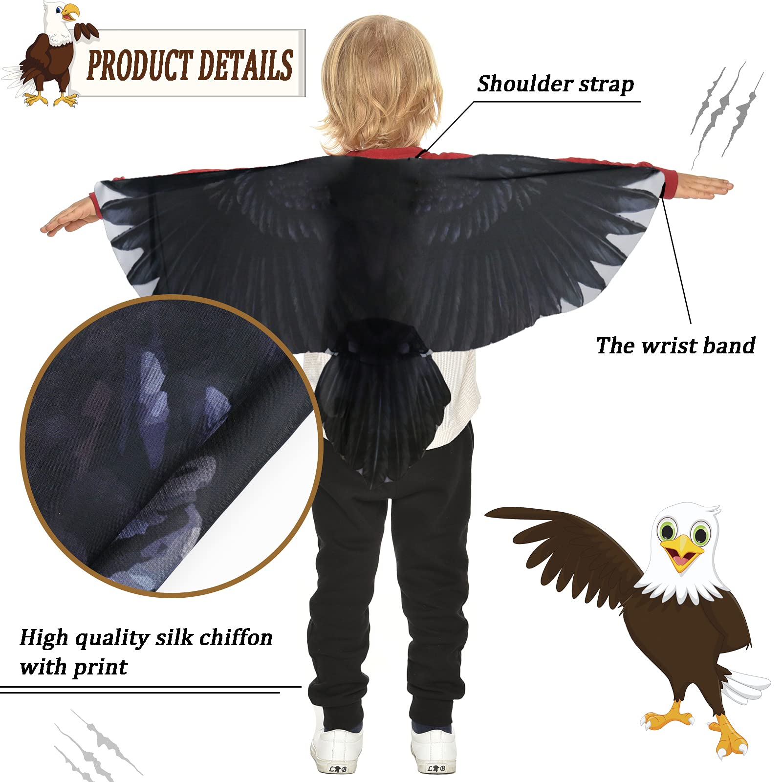 IROLEHOME Kids Bird Costume Wings and Headband Set - Eagle Dress-Up Cape for Boys Girls Ages 3-12, Lightweight Chiffon Party Favor