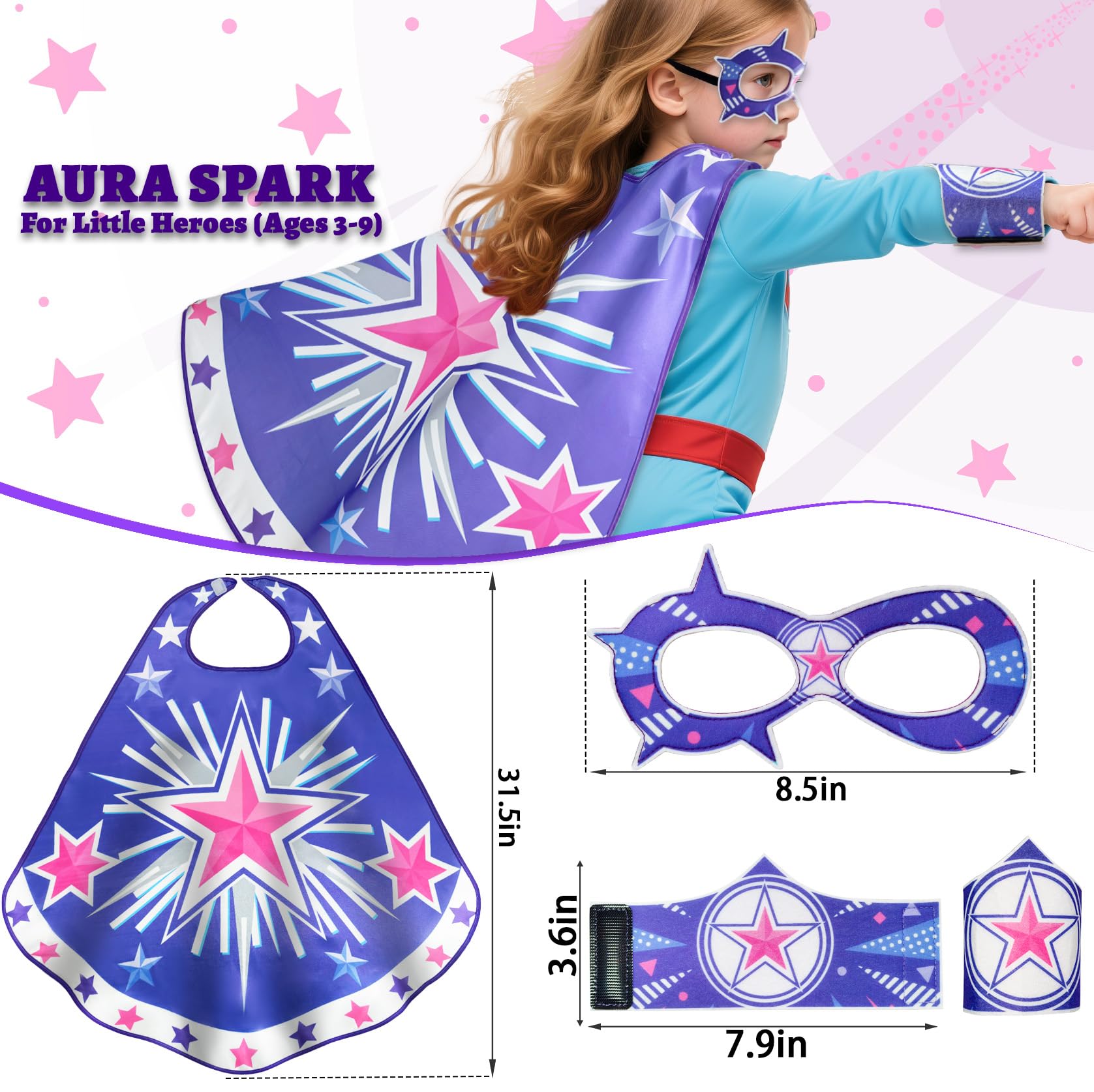 iROLEWIN Star Superhero Cape and Mask Set for Kids – 4-Piece Dress-Up Costume with Gauntlets